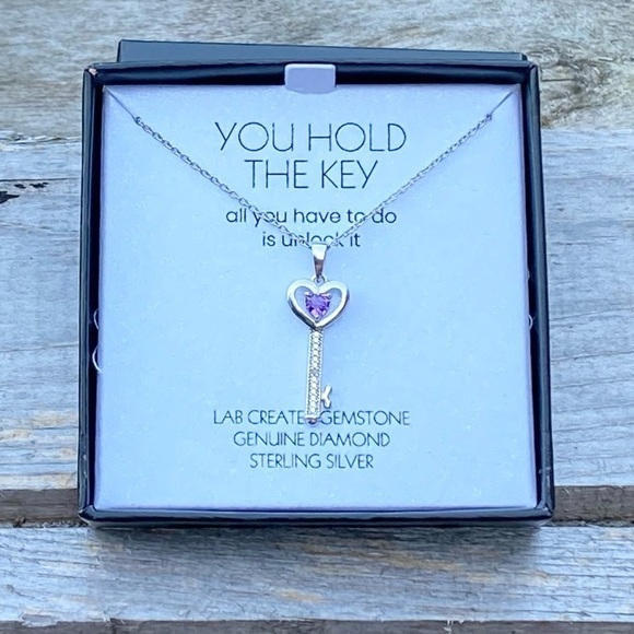NWT NIB STERLING SILVER AMETHYST & DIAMOND “YOU HOLD THE KEY” NECKLACE - Picture 4 of 8